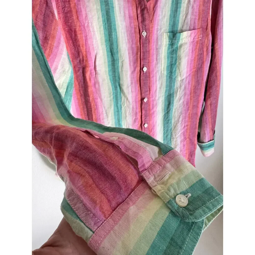 J. Crew Linen Blend Women’s Button Up Long Sleeve Colorful Stripes Size 14‎